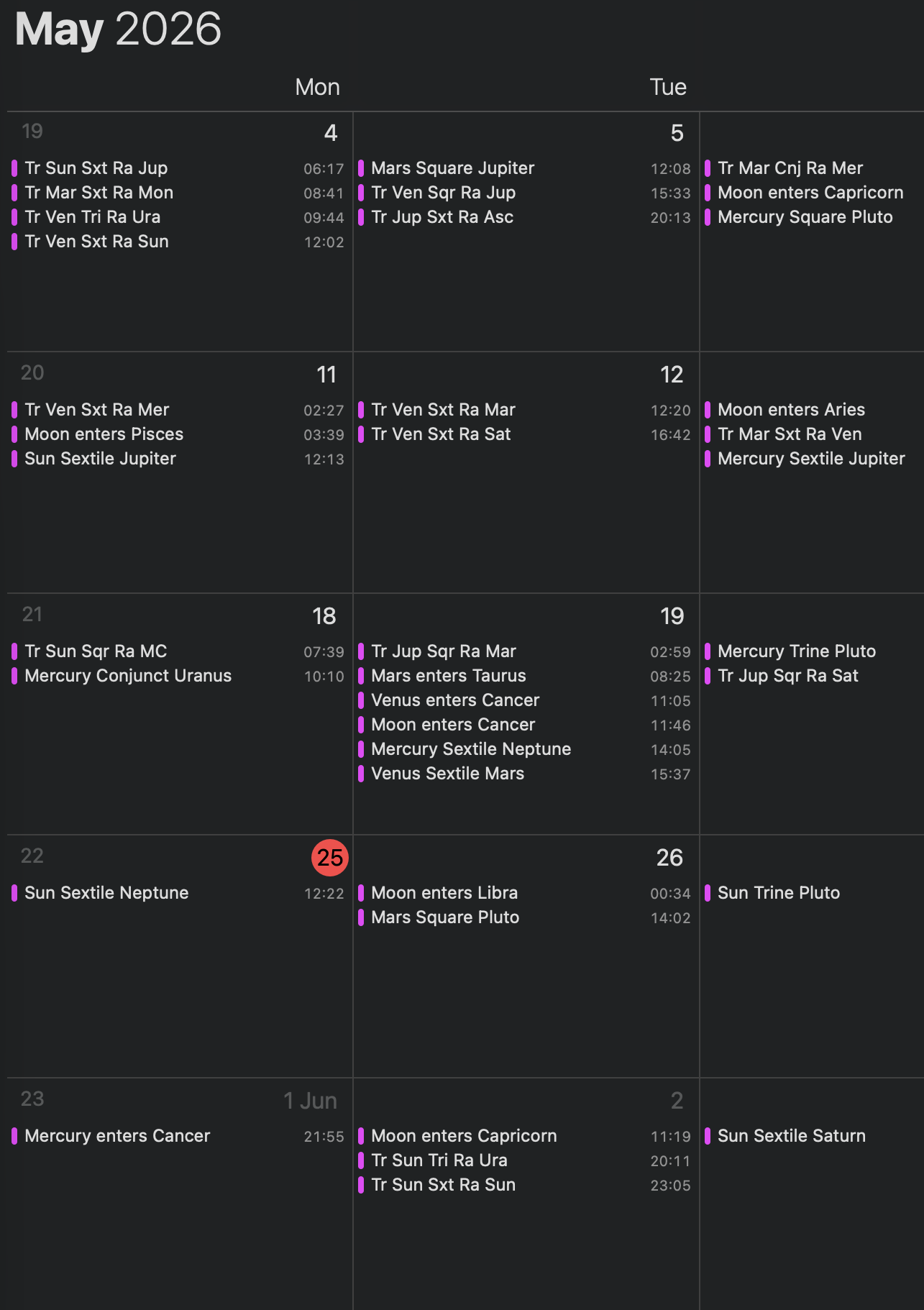 Transit Calendar — Kandillight Astrology